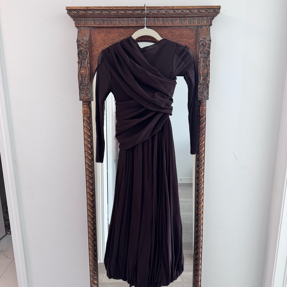 PHILOSOPHY DI LORENZO SERAFINI Draped stretch tulle dress Brown Long Sleeve US2 - Picture 9 of 10